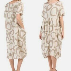 Klasiks linen midi dress Large cream tan lagenlook lightweight pockets vacation